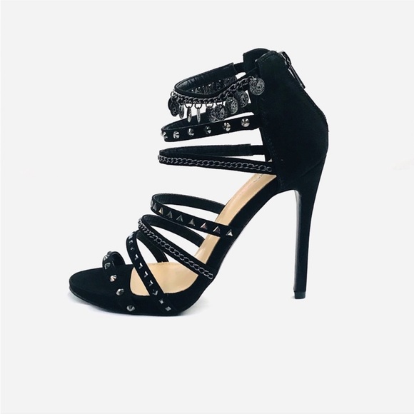 Black Strappy Heels with Silver Tone Chain Detail! - Picture 4 of 7